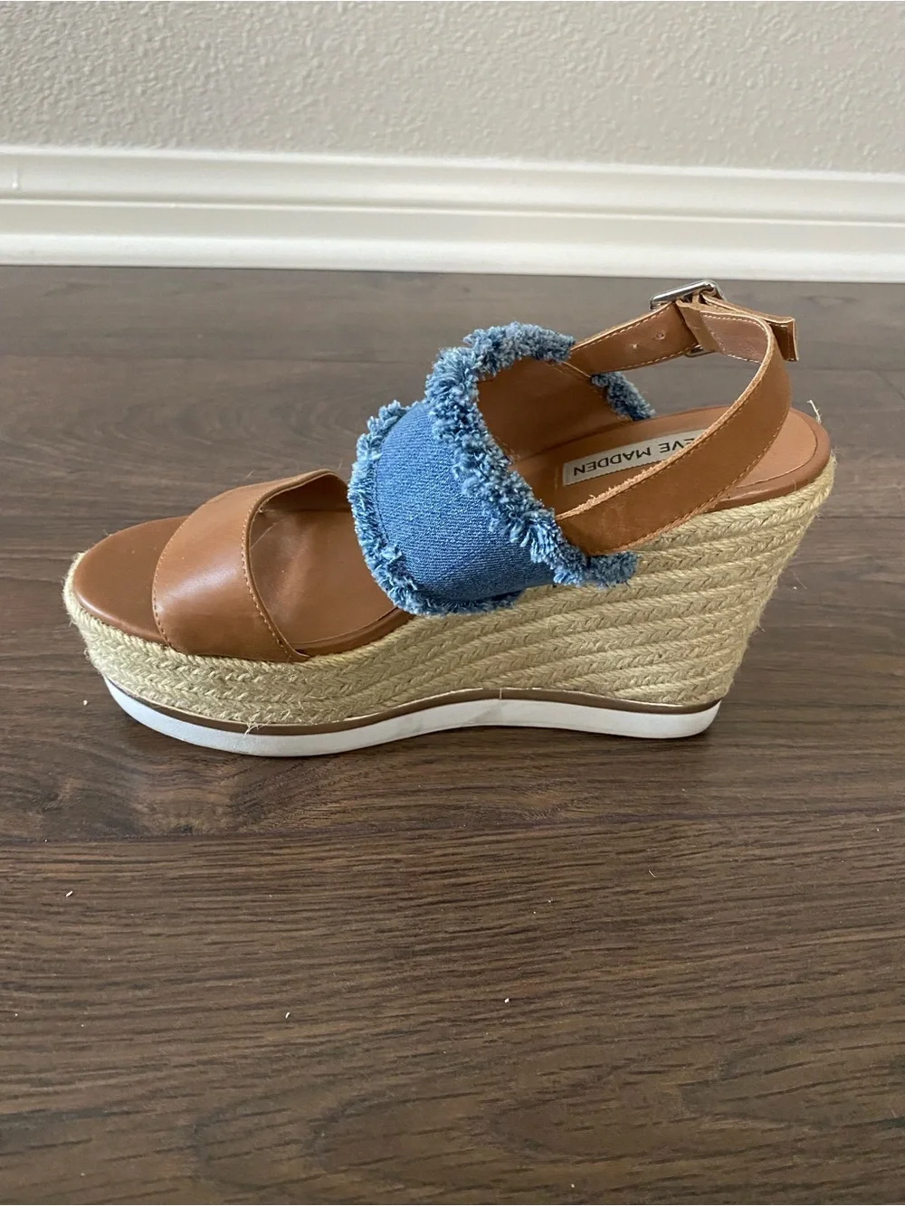 Steve Madden Tan Leather and Blue Denim Espadrille Wedge Sandals